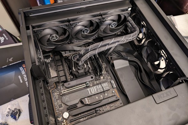 A glimpse inside mid-build of the PC with the liquid cooling but no GPU yet